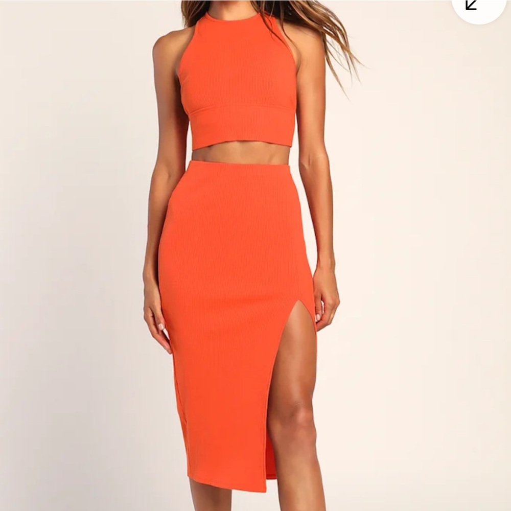 Orange Sleeveless Two-Piece Bodycon Midi Dress